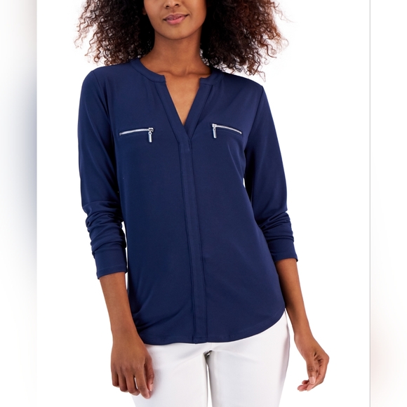 NWT, INC International Concepts Women's Deep Blue Zip-Pocket Blouse - Size M - Picture 1 of 8